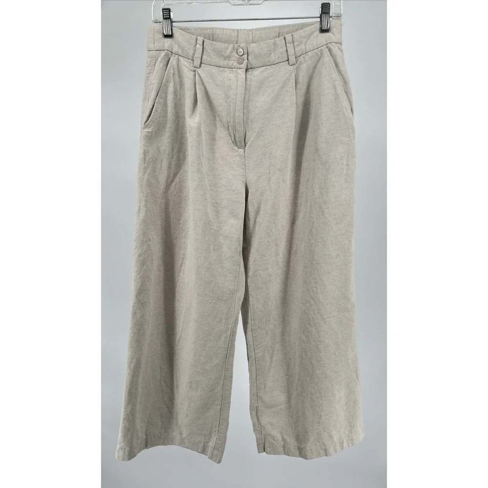 H&M Womens Linen Blend Crop‎ Tan Wide Leg Pants Casual Boho Beachy Resort Size 8